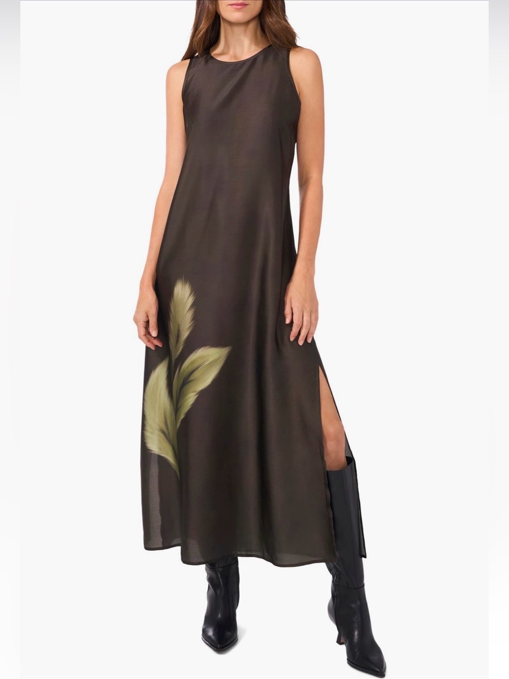Vince Camuto Brown Maxi Slip Skirt with Olive Leaf Accent